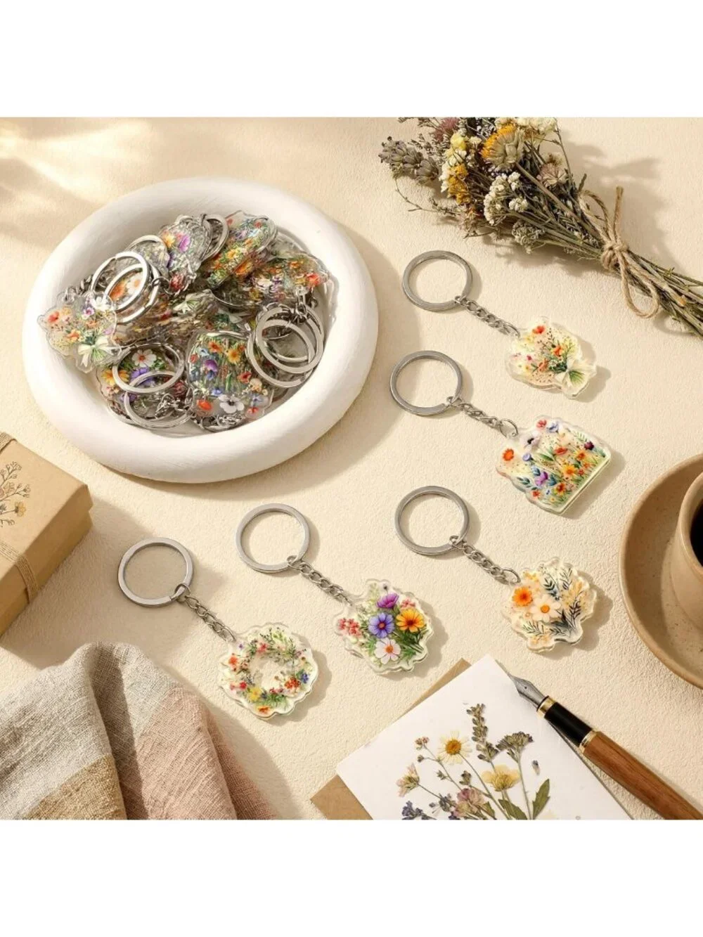 50 Pcs Floral Keychain Set | Cute Wildflower Party Favors & Purse Accessories